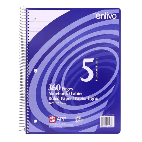 Cahier à reliure spirale 360 pages Ligné, 5 sujets