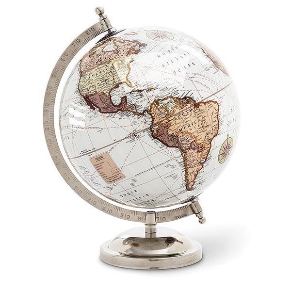 Glossy World Globe on Stand - White / Silver