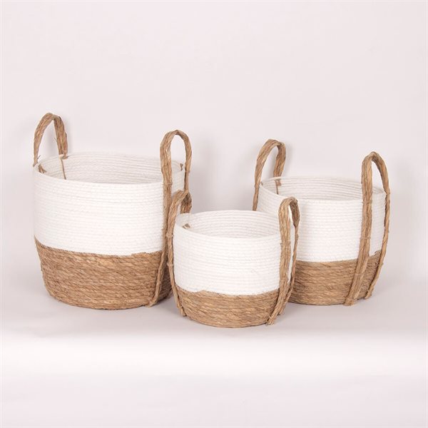 Round Straw Basket - White and Natural - Small